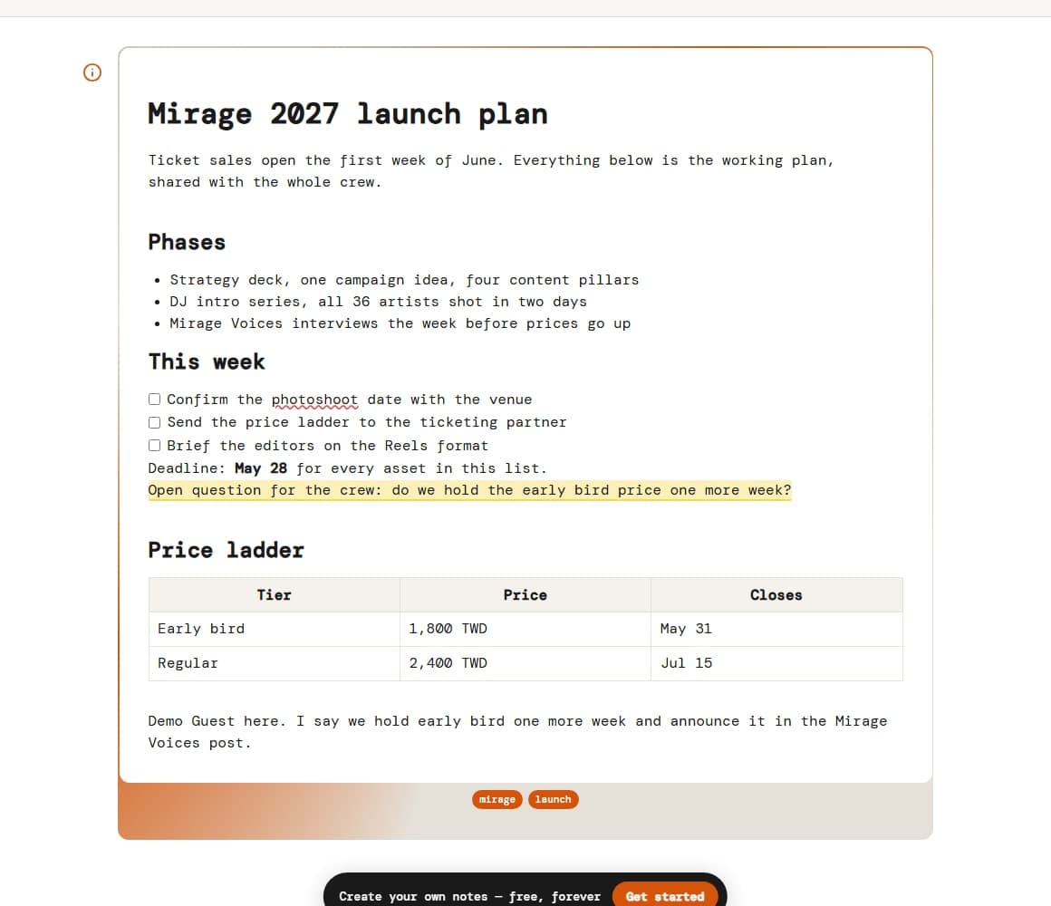 Public view of a note through a view link